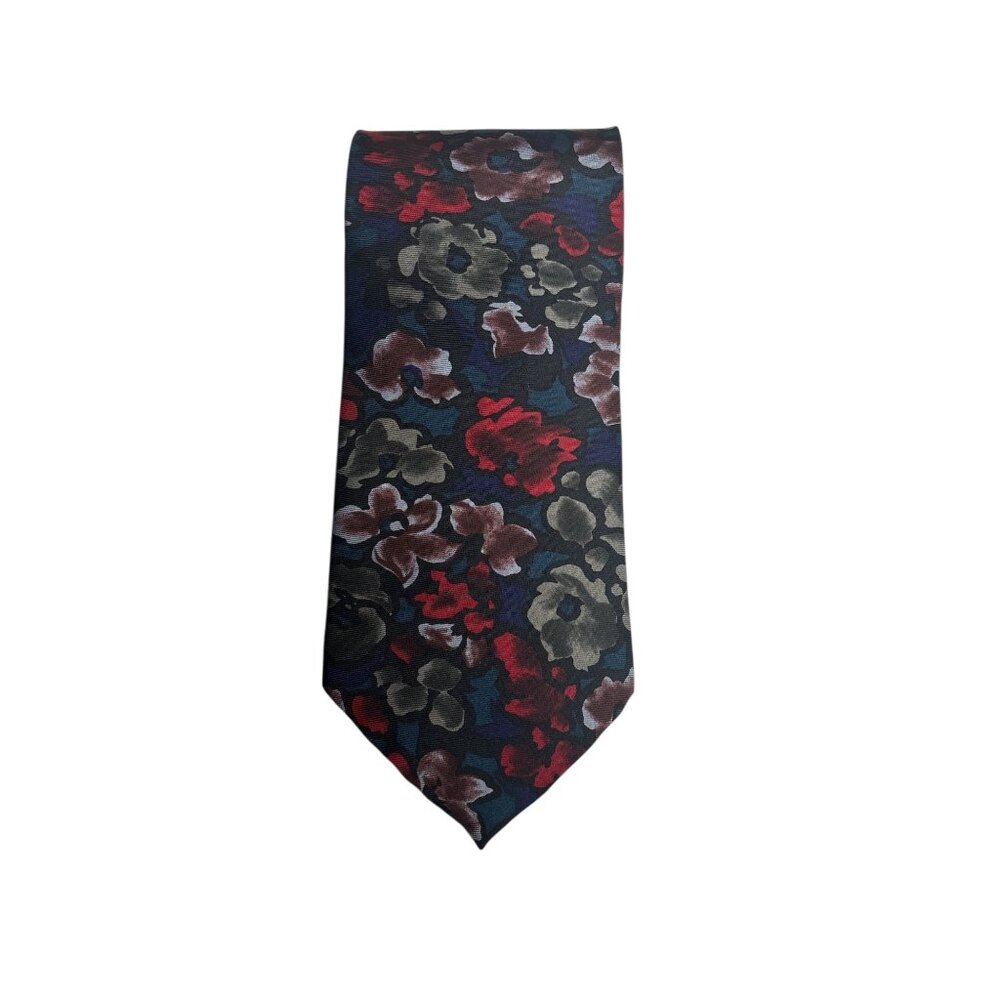 Oscar De La Renta Floral Silk Necktie Couture Collection Multicolor Red Blue Gre